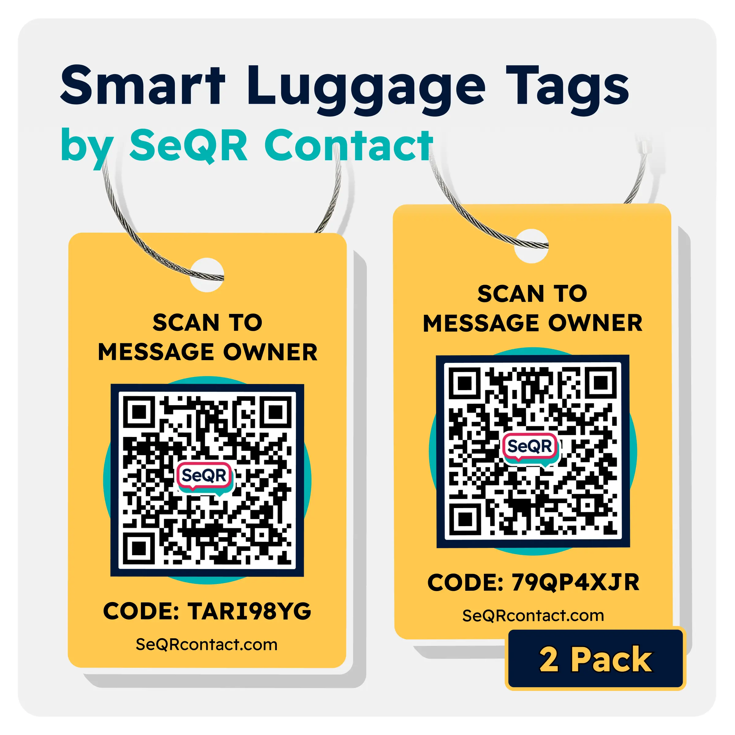 Smart Luggage Tags (Yellow 2-Pack) | Keeps Personal info Private With Privacy QR Code | Use with Away GPS Bag Locator & Air Tag | Android or iOS
