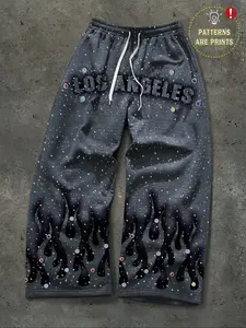 Men's Printed Drawstring Waist Joggers Pants, Casual Loose-Fit Flare Leg Sports Sweatpants for Fall & Winter, Warm Outdoor Hiking Sportswear