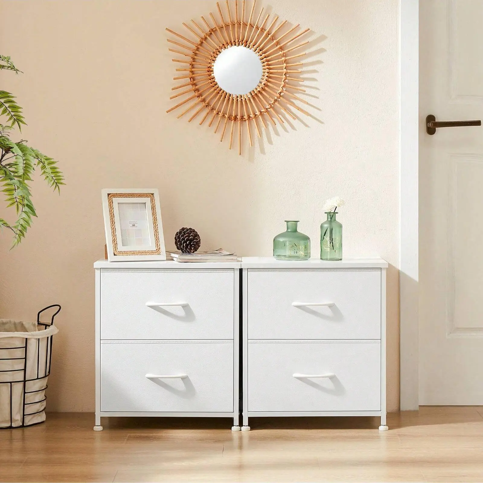 2-Pack Nightstand w/ Drawers & Fabric Bins | Double Storage Bedside Table | Space Saver for Bedroom, College Dorm, Apartment | Stylish & Functional | White