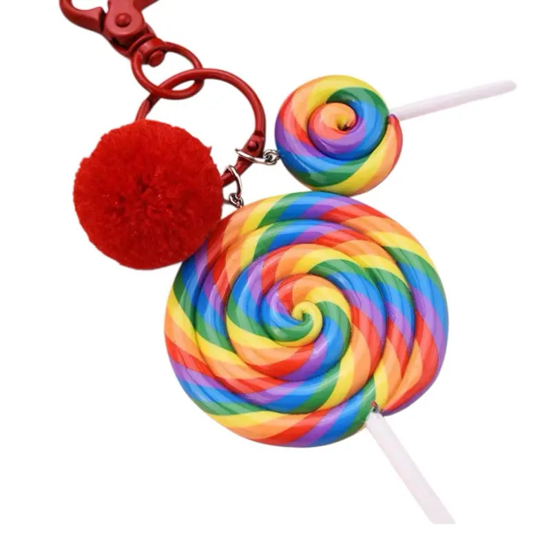 Plastic SweetGuard Vibrant Lollipop Shape Keychain - Cute Cartoon Characters Design, Red Pom-Pom Accent, Clip, Durable, 1 Mini Extra Accessory, Everyday Playful Cuteness Fashion Keychain Accessory, Rainbow Lollipop, Mini Extra Lollipop
