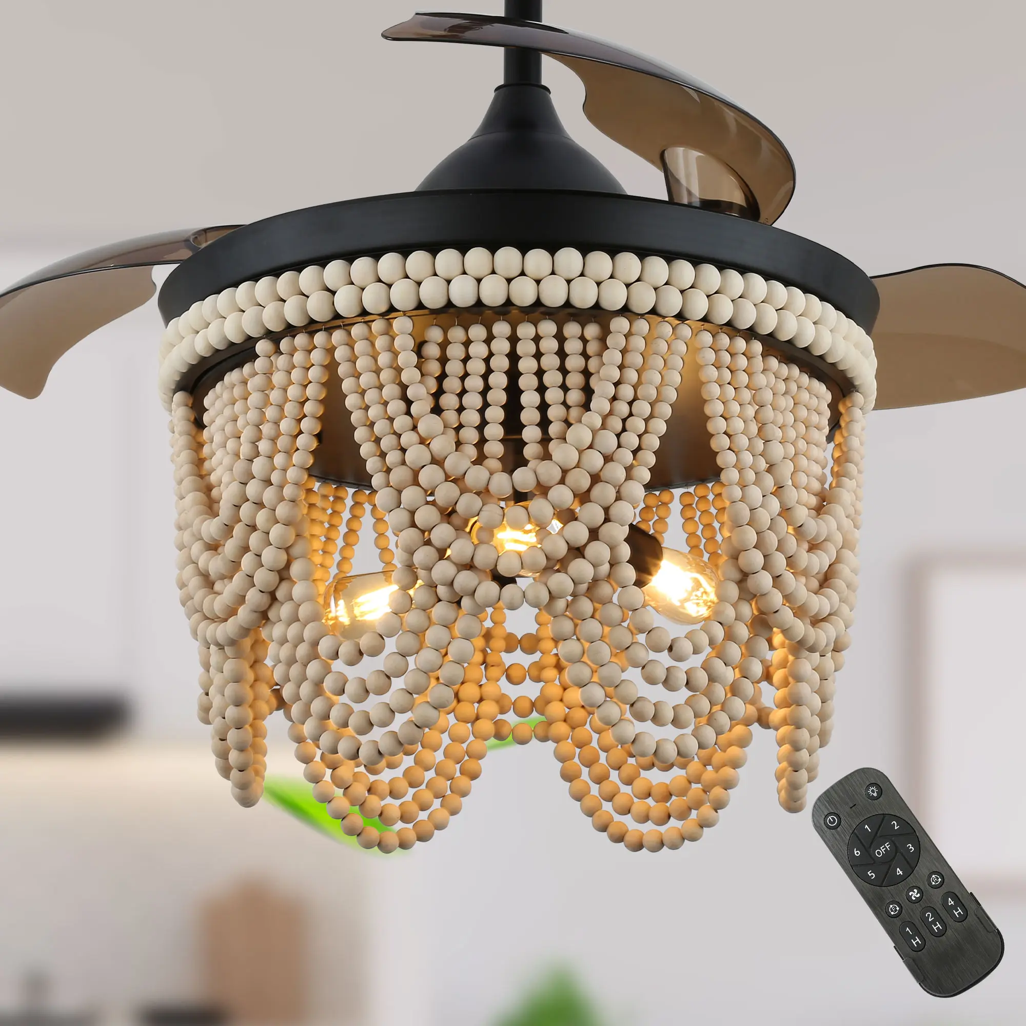42" Bohemian Style Wooden Bead Retractable Ceiling Fan with Remote and LED Light Kit Included, DC Motor 6 Speeds Ceiling Fan