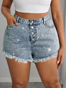 Plus Size Women's Rhinestone Embellished Washed Fitted Denim Shorts, Fringe Trim Shorts, Faux Fur Hem Design, Trendy Casual Wear for All Seasons, Womenswear