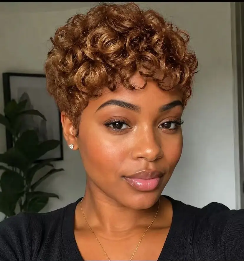 Sherawe 6-In Brown Human Hair Pixie Cut Wig, 12A Curly Texture, 180% Density, 22.5-In Medium Cap Full Machine Wig for Summer Fashion Accessories