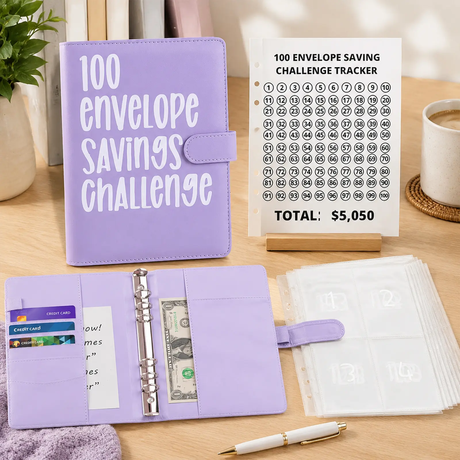 2026 New A5 Budget Binder Book, 100 Envelopes for 100-Day $5,050 Money Saving Challenge, Cute Stickers Included (Office Accounting Supplies)