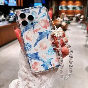 Blue Dolphin & Seashell Phone Case Y2K Ocean Theme Shockproof Wear-resistant Precise Holes Beaded Strap with Bow Charm for iPhone11-17promax IPhone11/12/13/14/15/ Promax16/16Promax/16pro/16plus