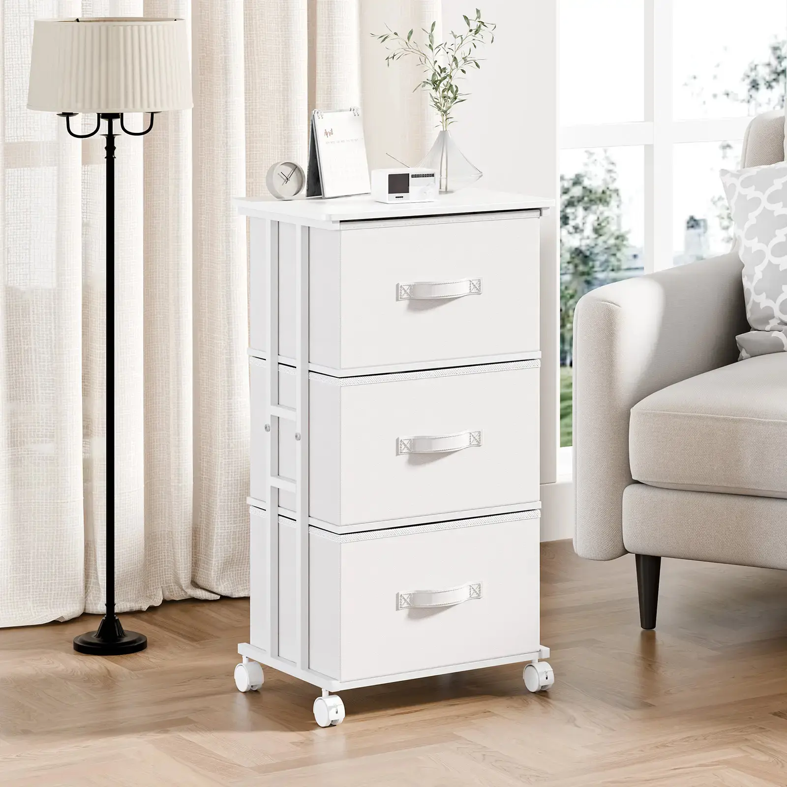 3-Drawer Fabric Dresser with Wheels, Rolling Storage Cabinet Organizer with Removable Fabric Bins, Steel Frame Chest for Bedroom, Closet, Office & Entryway
