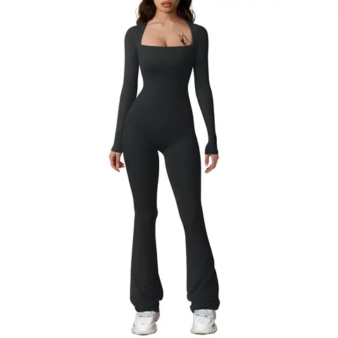 HYZ Women's Fall Long Sleeve Square Neck Wide Leg Yoga Party Daily One Piece Jumpsuit Womenswear Overalls Nylon Comfort