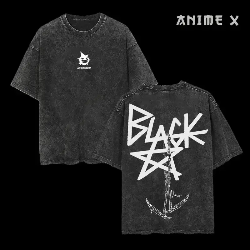 Menswear Top - Retro Vintage Blackstar X Chain Scythe Soul Eater Anime Double Printed Washed Unisex Heavy Cotton Mineral Wash T-Shirt, Gift For Anime Fans