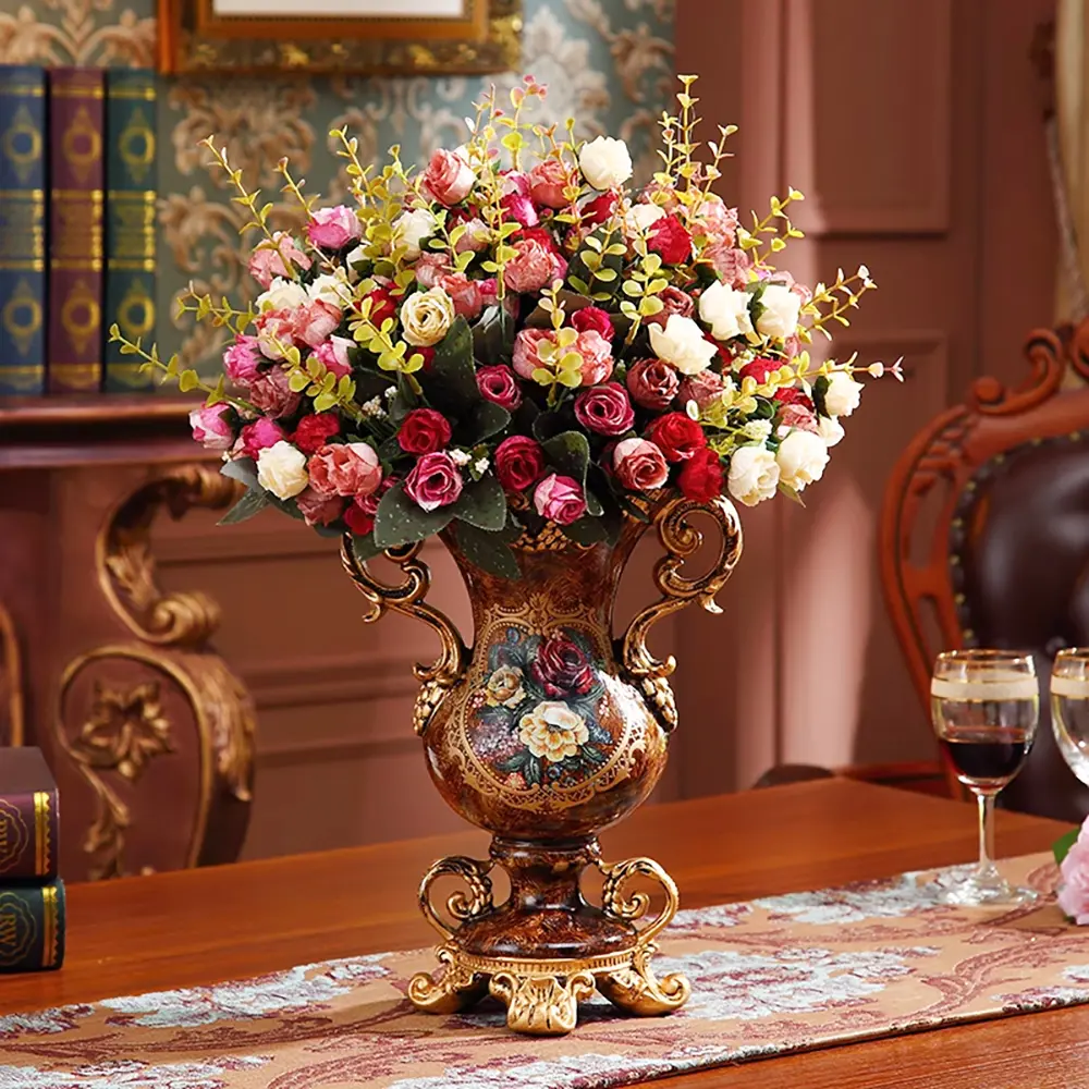 Homary Retro European Decorative Artificial Floral Arrangement Set, Golden Resin Vase with Lifelike Bouquet-Shaped Fake Flowers, Home Decor Ornaments for Table-Entryway | Home Supplies, Bouquet-Shaped Artificial Flowers