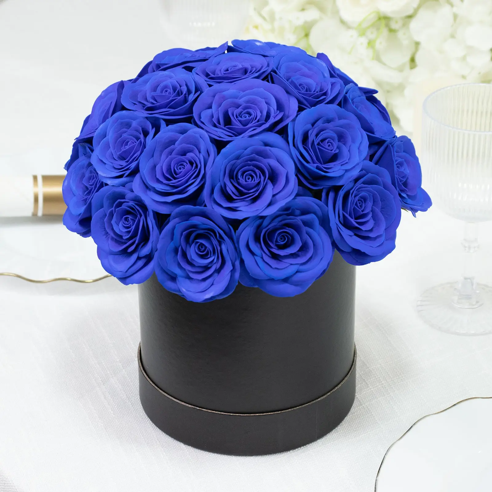 27-Pcs Royal Blue Artificial Floral Arrangements - Decorative Romantic Prearranged Rose Centerpiece with Black Round Gift Box for Weddings, Parties