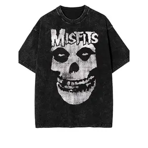 Misfits mini skull pattern T-shirt - vintage washed cotton men's short-sleeved T-shirt, black casual round neck with bold white print, machine washable, summer essential men's fashion clothing, skull T-shirt.