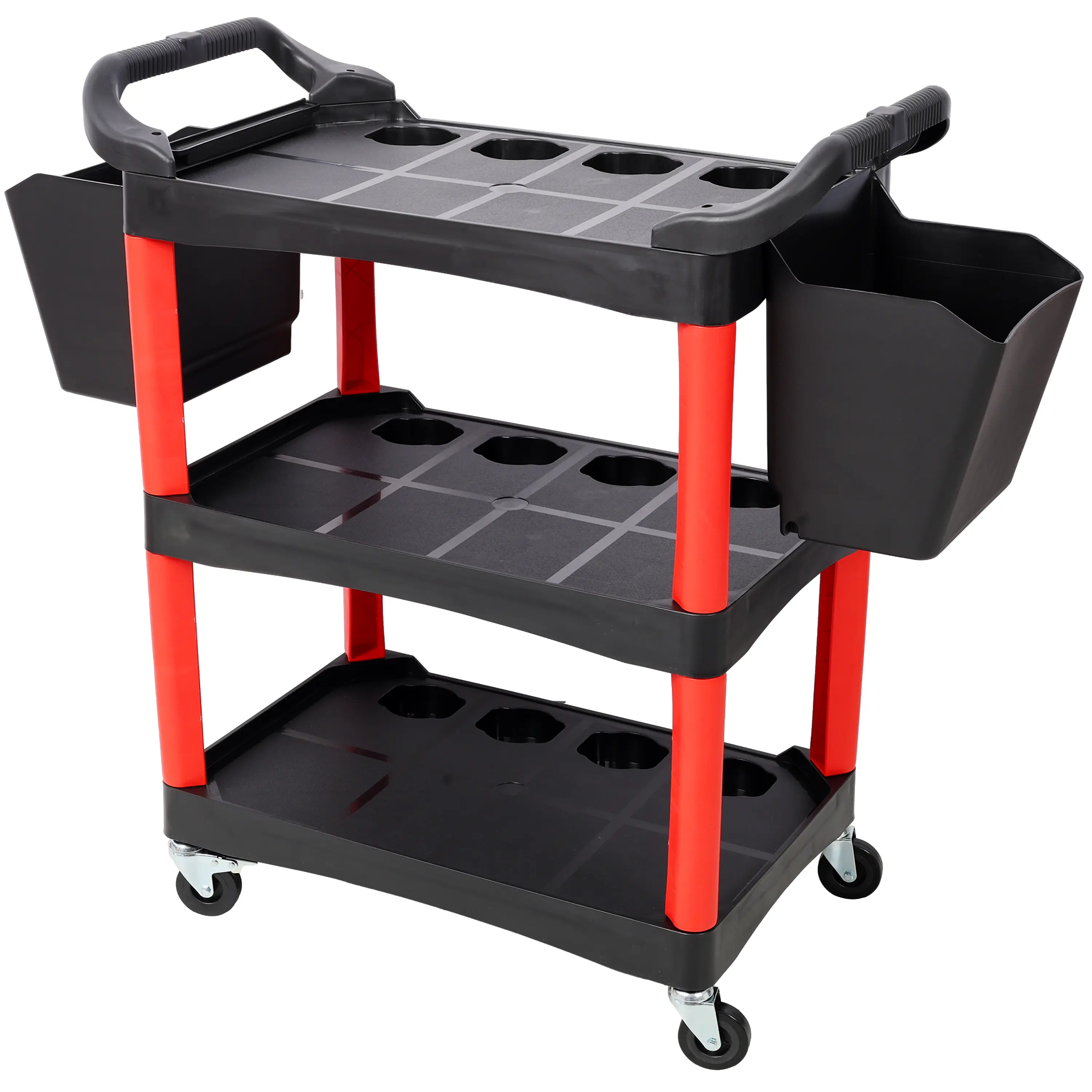 3-Tier Rolling Auto Tool Cart with Buckets, Peg Panels & Hooks, Heavy-Duty Hanging Storage Organizer for Detailers, Garage, Workshop & Repair Shop-Red