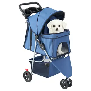 Foldable Pet Stroller for Small Medium Dogs and Cats, 3-Wheel Travel Dog Stroller with Adjustable Canopy, Cup Holder, Removable Pad and Extra Large Storage Basket, 33 lbs Capacity, Blue