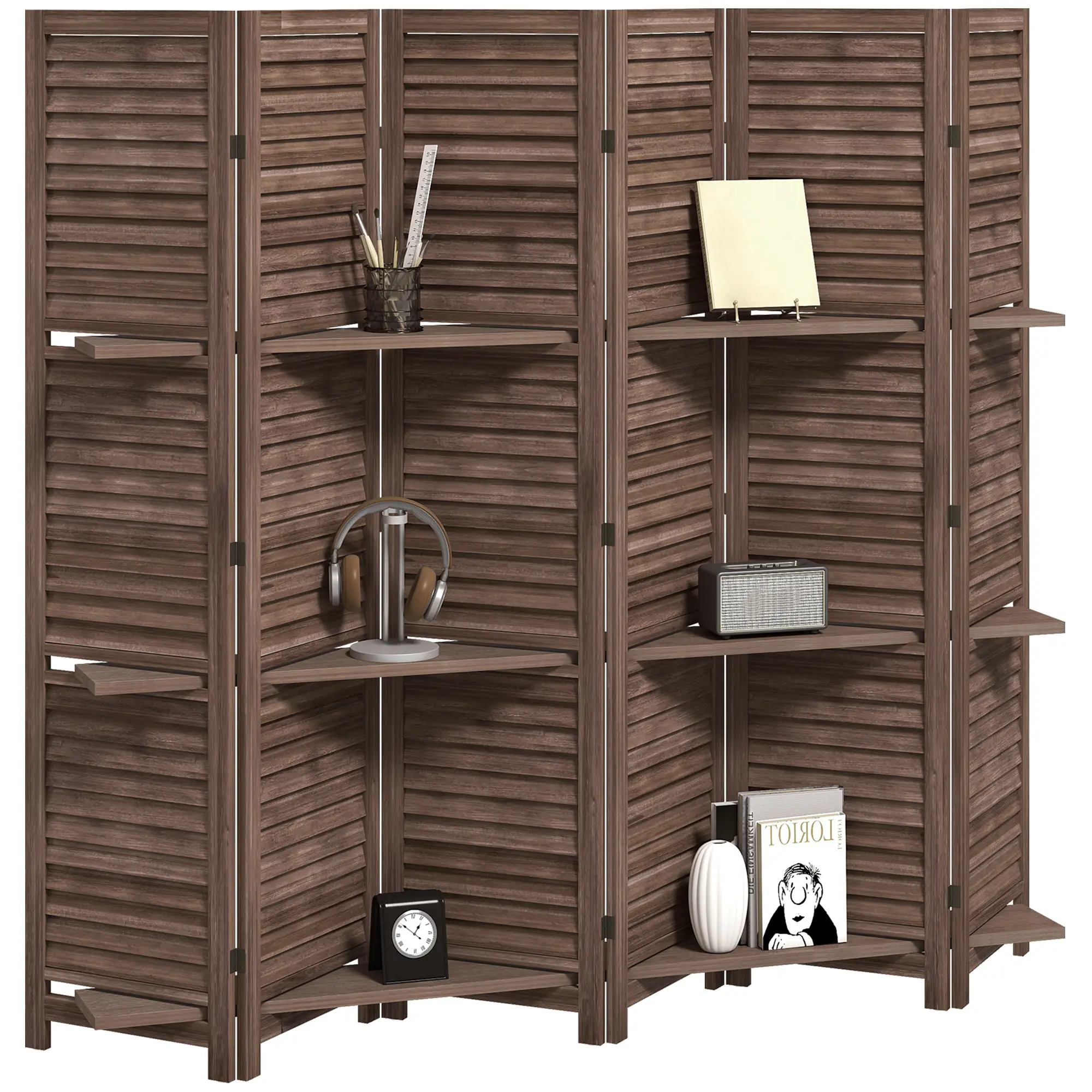 6-Panel Walnut Wood Privacy Screen Room Divider - 67in Tall, 94.5in Wide, 3 Display Shelves, Louvered Slats, 15 Steel Hinges, Foldable Space-Saving Partition for Living Room, Office