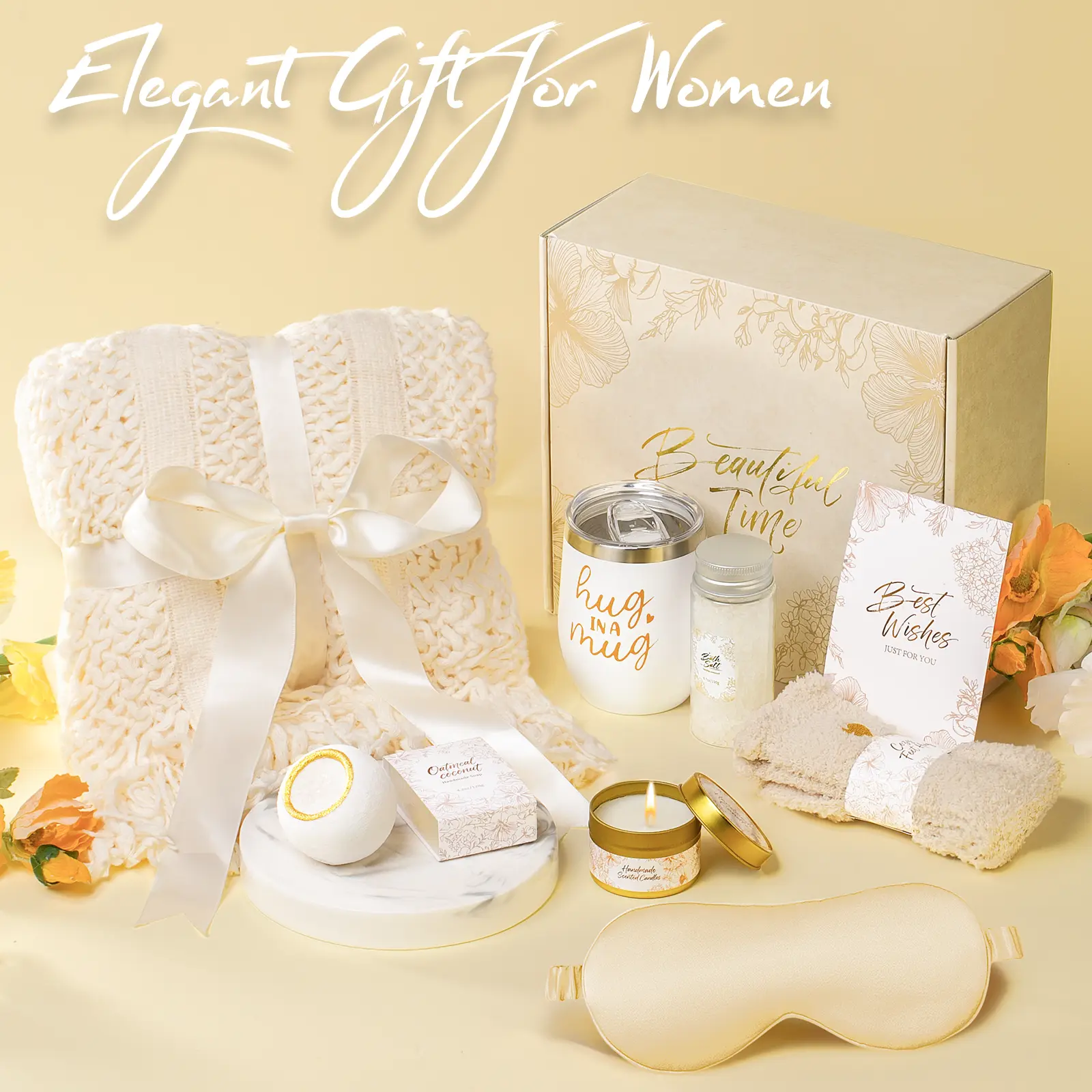 Women's Spa Self-Care Gift Basket with Cozy Wrap & Glow (Blanket, Candle) – Thoughtful Gift Set for Mother's Day, Anniversary Treat, Relax & Unwind, Mother's Day Gift, Includes Blanket