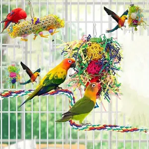 3 Pcs Bird Parrots Shredding Toys Parakeet Chewing Toys Bird Loofah Toys Parrot Cage Shredder Toys Bird Foraging Hanging Toys Bird Accessories For