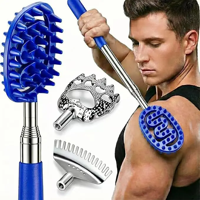 Back Scratcher Massager, Extendable 30" Telescoping Handle with 3 Detachable Heads, Stainless Steel Body Care Gift for Men & Women, Includes Storage Pouch, Relief, Manual, Twist Lock, Extendable Pole
