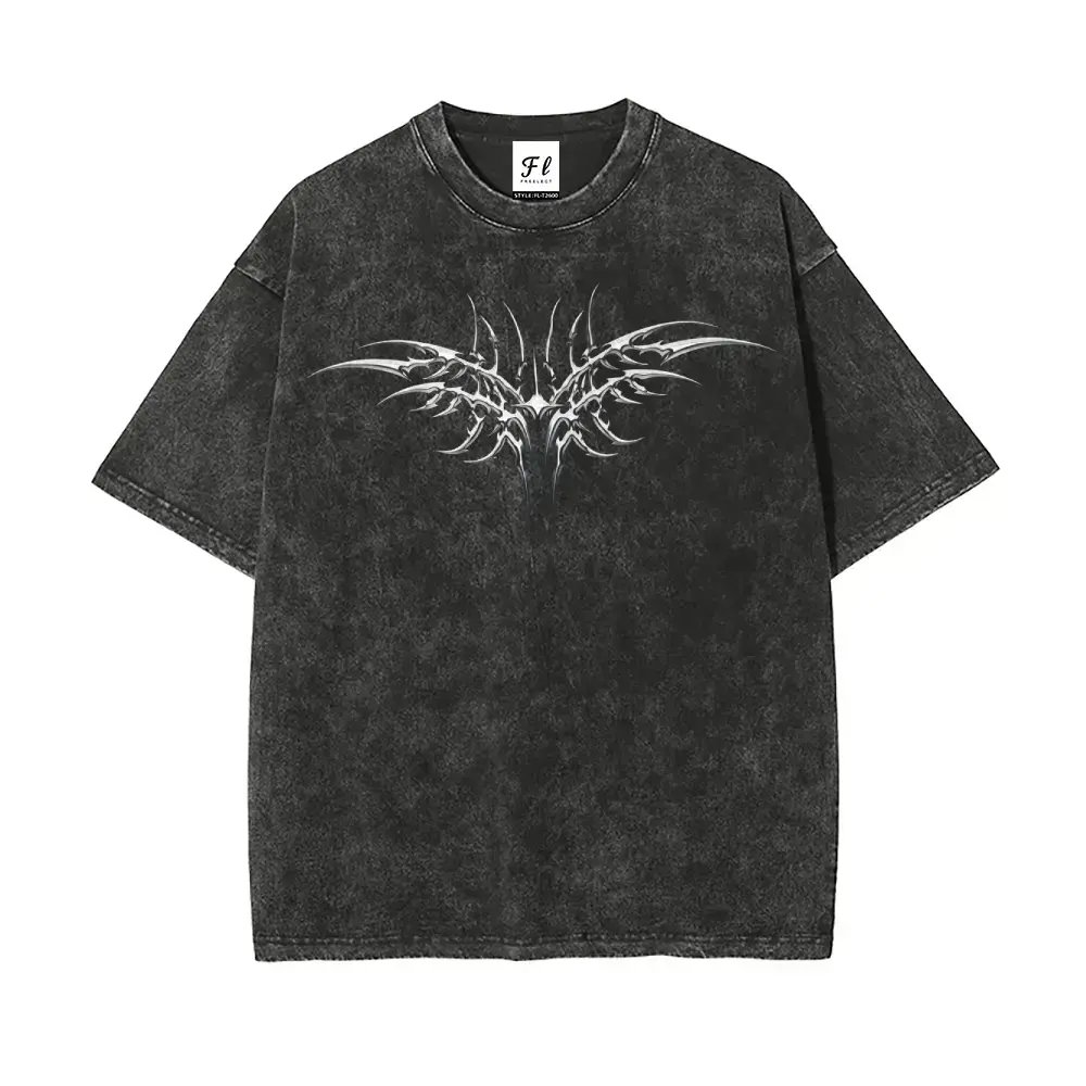 Menswear Oversized Acid Wash Vintage Grey Heavyweight Cotton Short-Sleeve Tshirt - Printed Y2K Cyber Sigilism, Tribal Chrome Graphic, Gothic Grunge Streetwear Top