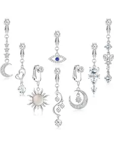 Cute 8 Pcs Silvery Gorgeous Fake Navel Bars Diverse Copper Dangle Faux Belly Button Piercings for Women Men Shining CZ Moon Evil Eye Clip on Belly Button Bars Fake Pregnant Belly Bars Silver Belly Button Bars Belly Hoops Body Jewelry