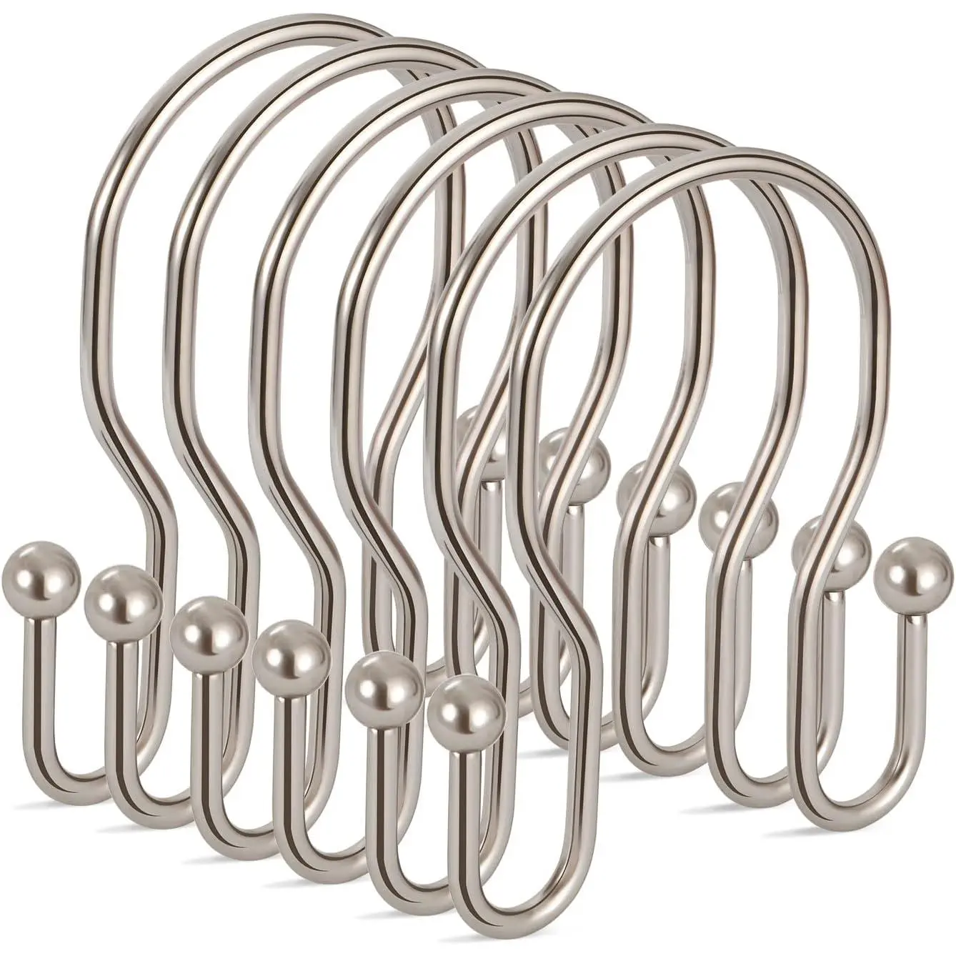 24 Pack Double Shower Curtain Hooks Rings,  Double Sided Shower Curtain Hooks Rust Proof for Shower Curtain, Stainless Steel Bathroom Shower Hangers Rings for Shower Rods, Brushed Nickel