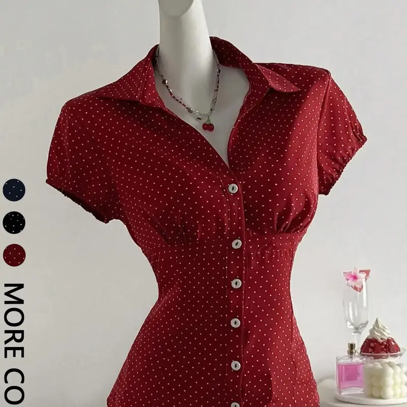 Women's Casual Polka Dot Printed Shirt Blouse, Fitted Design, All over Print, Perfect for Everyday Wear, Comfortable and Stylish, Casual Everyday Top