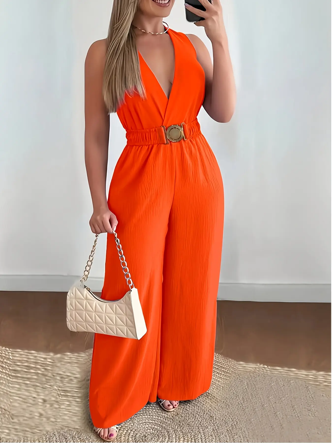 Bright Sleeveless Jumpsuit for Women Summer High Waist Pleated Texture Ring Belt Fashionable Fit One-Piece Womenswear Fabric