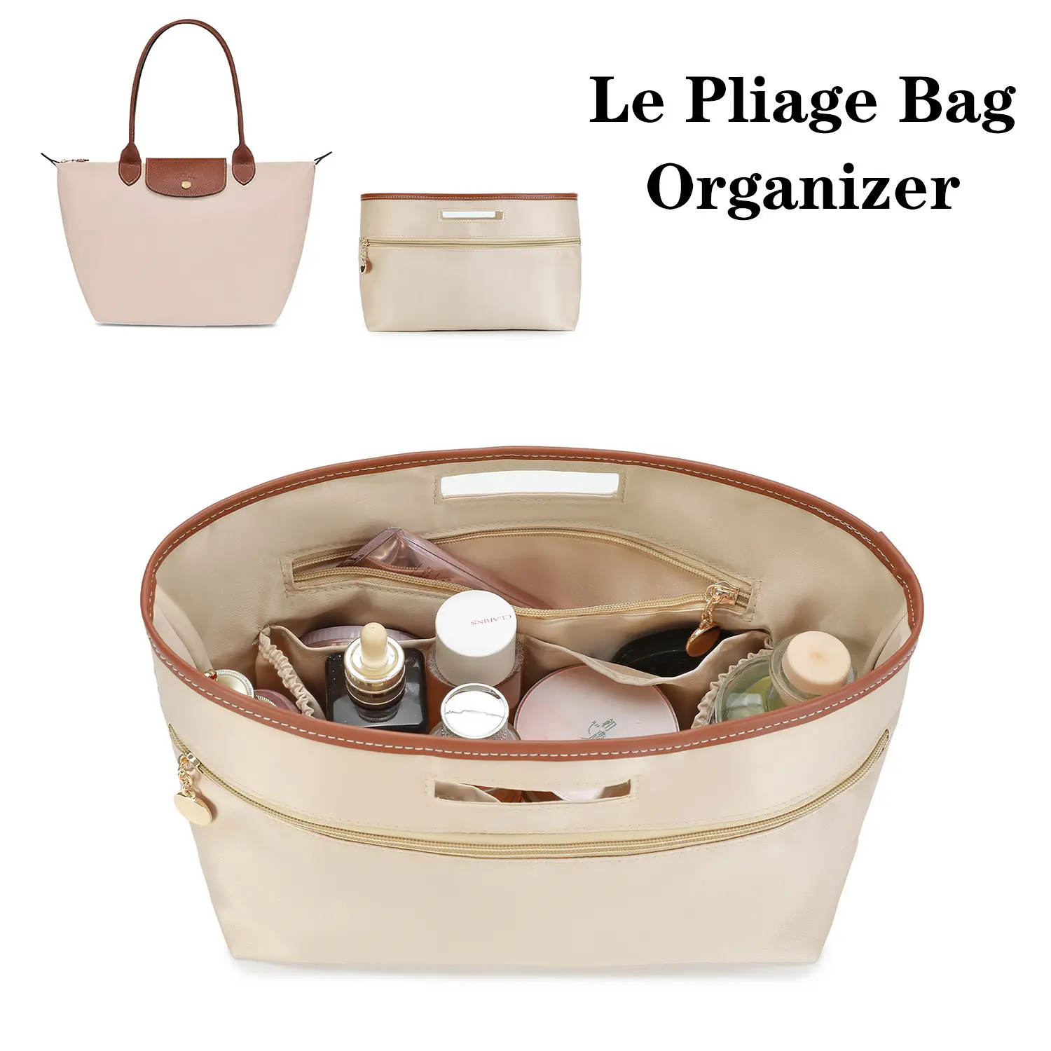 Satin Handbag Organizer Insert with Handles, Multi-Pocket Purse Liner and Bag Divider, Compatible with Longchamp Le Pliage Tote Bag, Portable Inner Storage Organizer for Cosmetics, Wallets and Daily Essentials, Beige / Large, Medium, Small