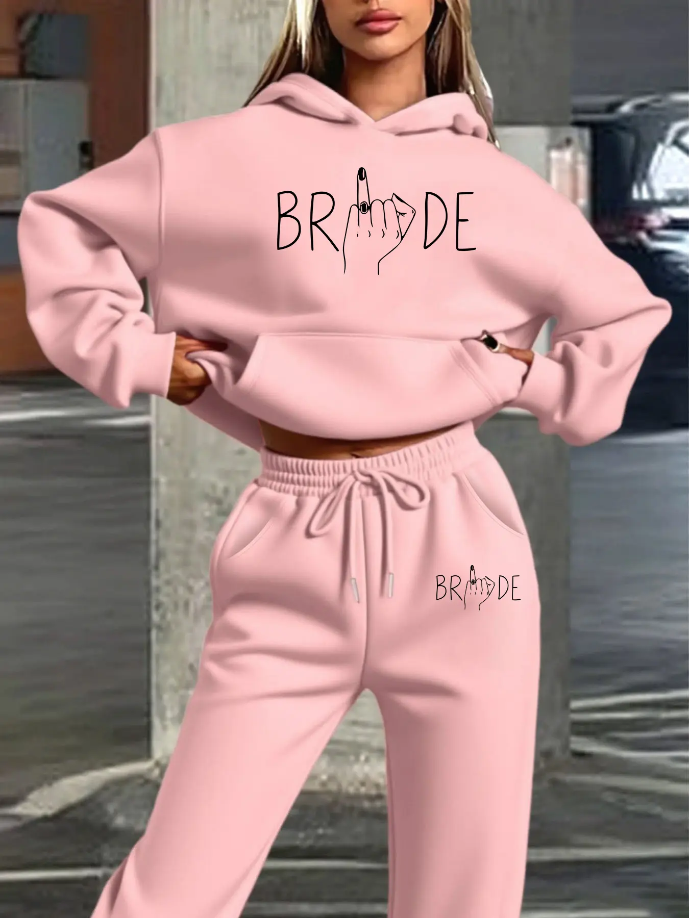 Women's Sportswear Set Autumn Winter Fleece Warm Bride Gesture Text Print Hooded Casual Sports Style Pocket Letter Handprint Streetwear
