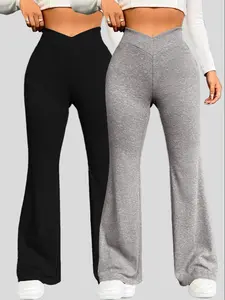 Women's Plain Wrap High Waist Flare Leg Pants, Casual Comfy Bell Bottom Trousers for Daily Wear,  Ladies Bottoms for Summer