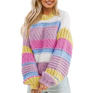 Saodimallsu Womens Color Block Sweater Striped Chunky Knit Cropped Sweaters Crewneck Fall Long Sleeve Loose Pullover Tops