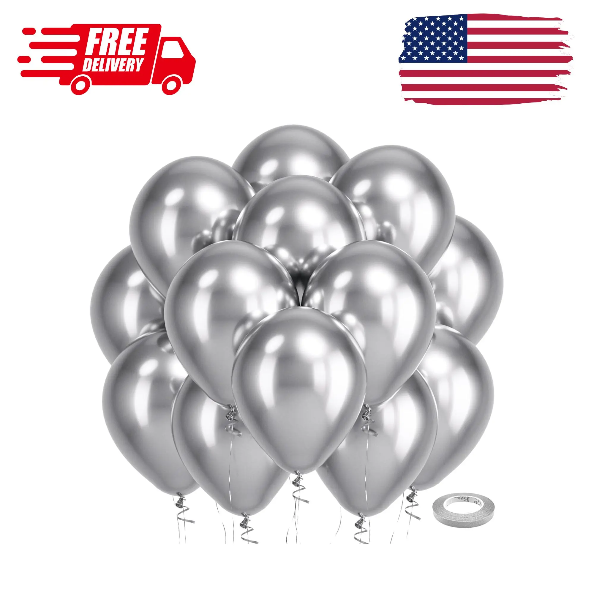 Silver Metallic Chrome Latex Round Helium Balloons 100 Pack 12 inch