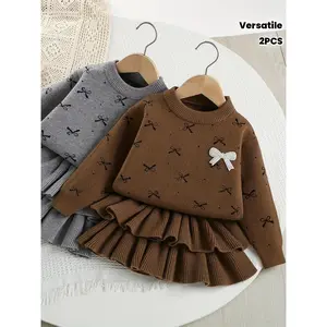 2pcs Girls' Sweater Set with Bowknot Knit Pullover and Cake Skirt, Suitable Ages 3-7, Versatile Style Layering or Outfit, Perfect Gift Halloween and Christmas, Perfect Outdoor