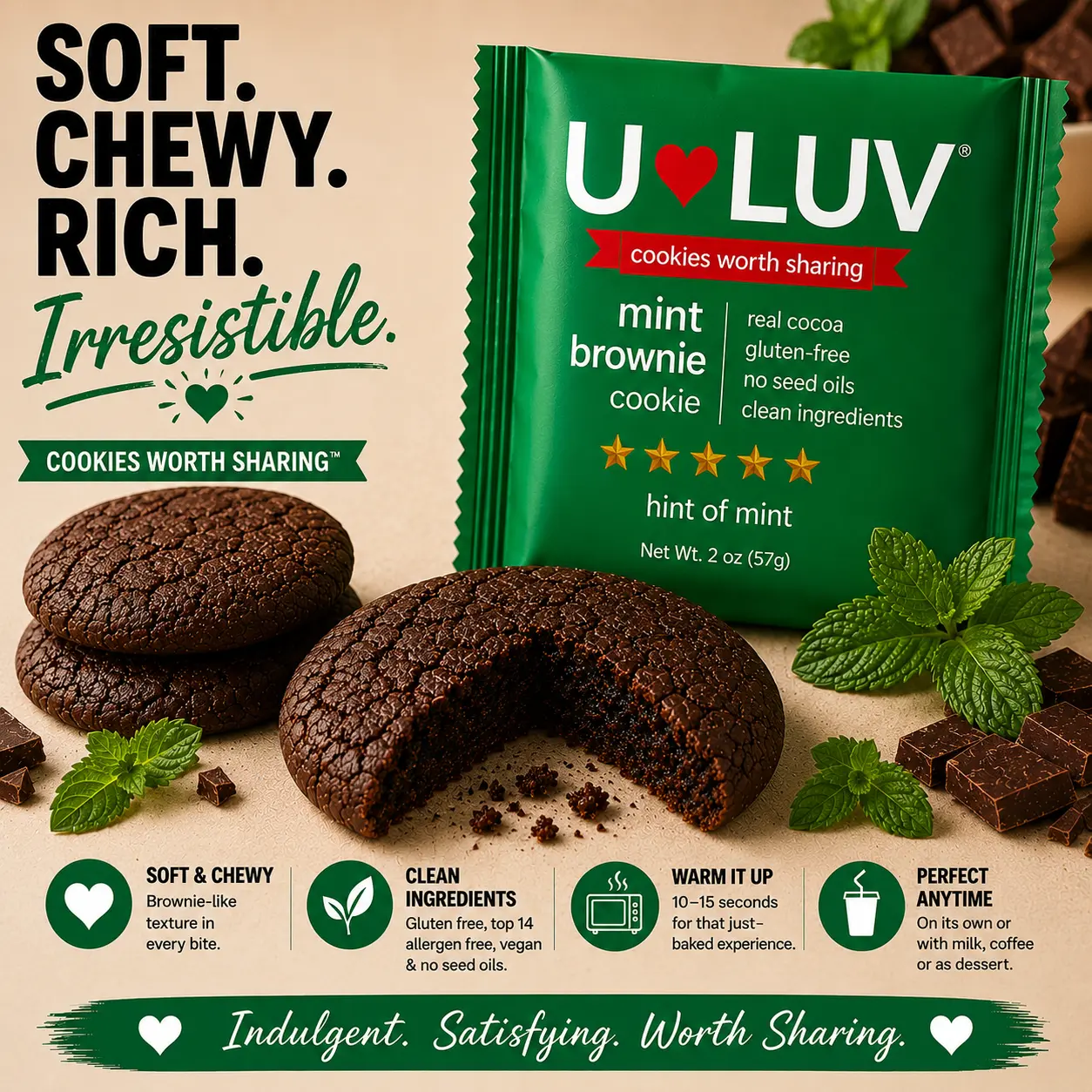 U-LUV Mint Brownie Cookie 4-Pack | Soft & Chewy Cookies | Gluten Free | Made with Avocado Oil | Clean Ingredients | Allergen Friendly