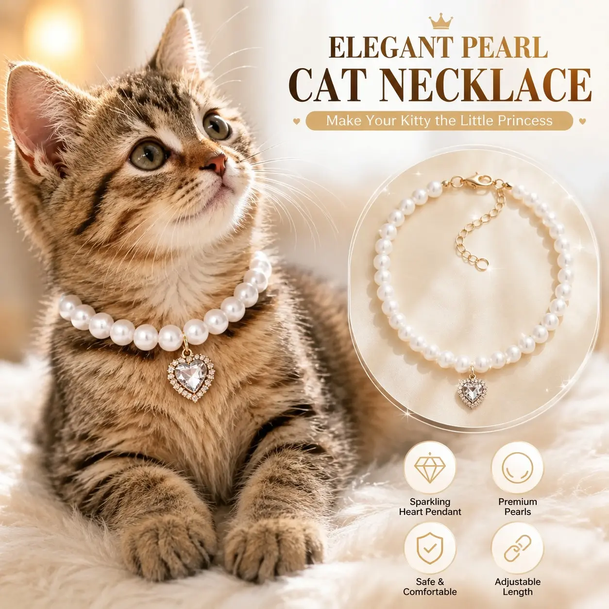 Princess-Style Cat Collar: Pearl Necklace with Colorful Acrylic Heart & Rhinestone Pendant — A "Lady-like" Accessory for Cats, Dogs and Kittens. Features a Pearl Princess Design Adorned with a Crystal Heart Pendant 🐰💎