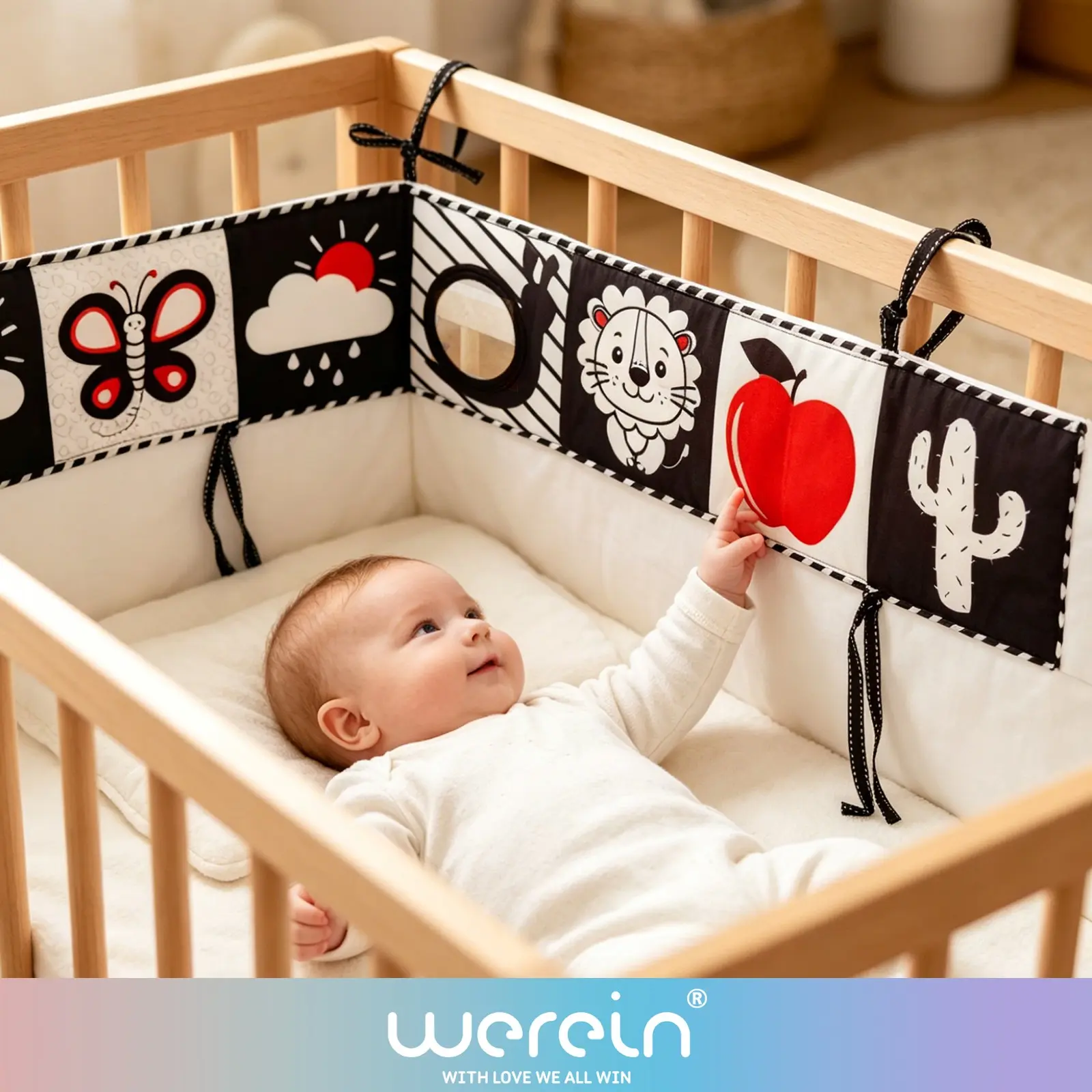 Black & White Baby Nursery Crib Bumper with Mirror & Cloth book，for 0-12 Months, newborn visual stimulation sensory toy Enhances Self Recognition and Hand-Eye Coordination