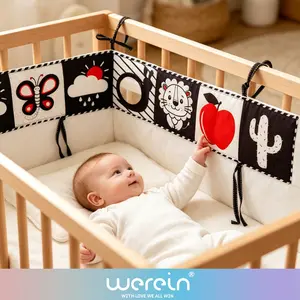 Black & White Baby Crib Bumper with Mirror & Cloth book，for 0-12 Months, newborn visual stimulation sensory toy Enhances Self Recognition and Hand-Eye Coordination