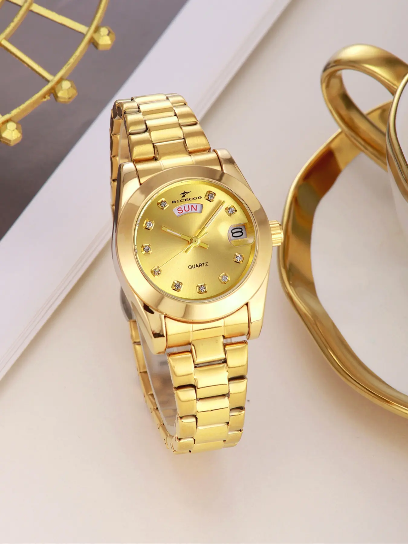 RICECGO women's gold watch, Fashion watches, fashionable wristwatch, with a round dial, rhinestone design, dual date display, a timeless jewelry accessory, comes with a box and suitable for any occasion, Quartz analog watch