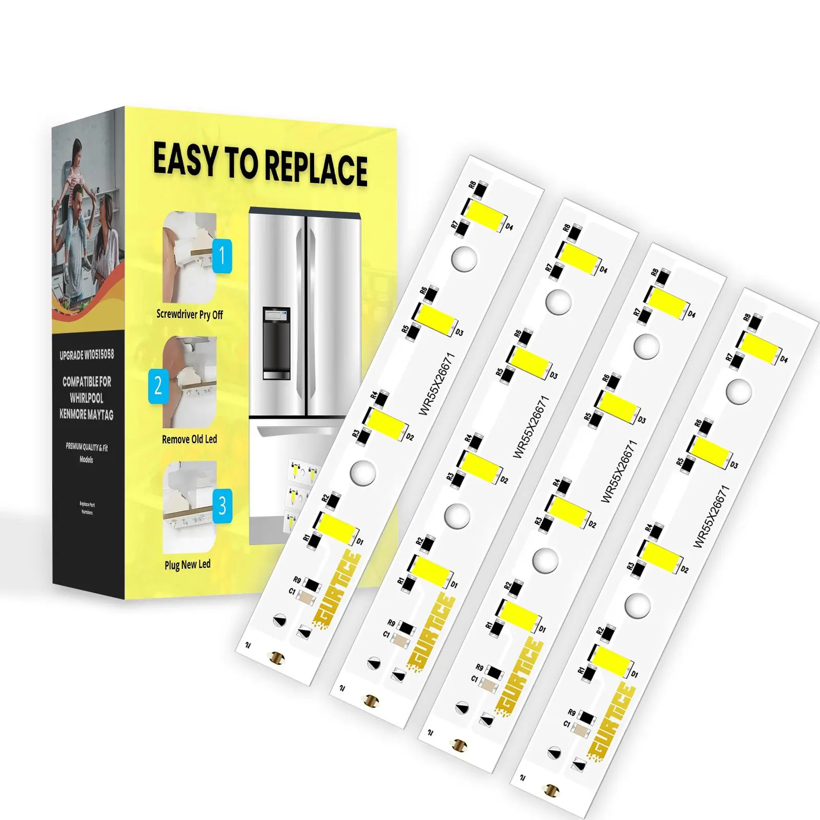 4 Pack Upgraded High-Brightness LED Refrigerator Replacement Light Board Kit for GE GSE25GSHJCSS, Compatible with WR55X26671, PS11767930, AP6035586, Replaces 4468532, EAP11767930, LED3344588, 30000hrs Longer Service Time, Replacement Kit