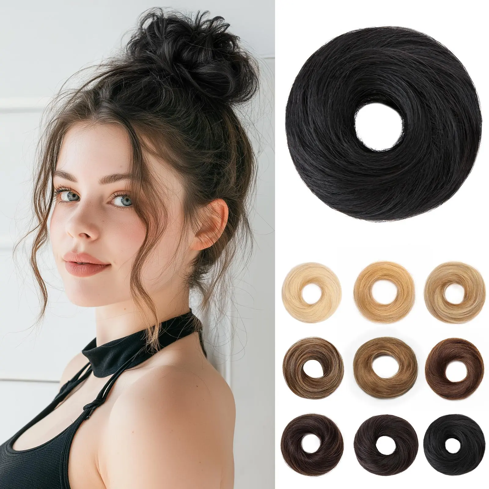 SEGOHAIR 100% Real Human Hair Fluffy Straight Messy Bun Scrunchie, Natural Straight Human Hair Updo Hair Piece, Voluminous Thick Updo Hair Accessory, 17g Lightweight Chignon Hair Extensions, Volume Boost Hair Bun for Women, Black & Ash Blonde