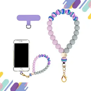 Marble Silicone Beaded Phone Wrist Strap – Elastic Hands-Free Lanyard Bracelet with Tether Tab for Cell Phones & Cases