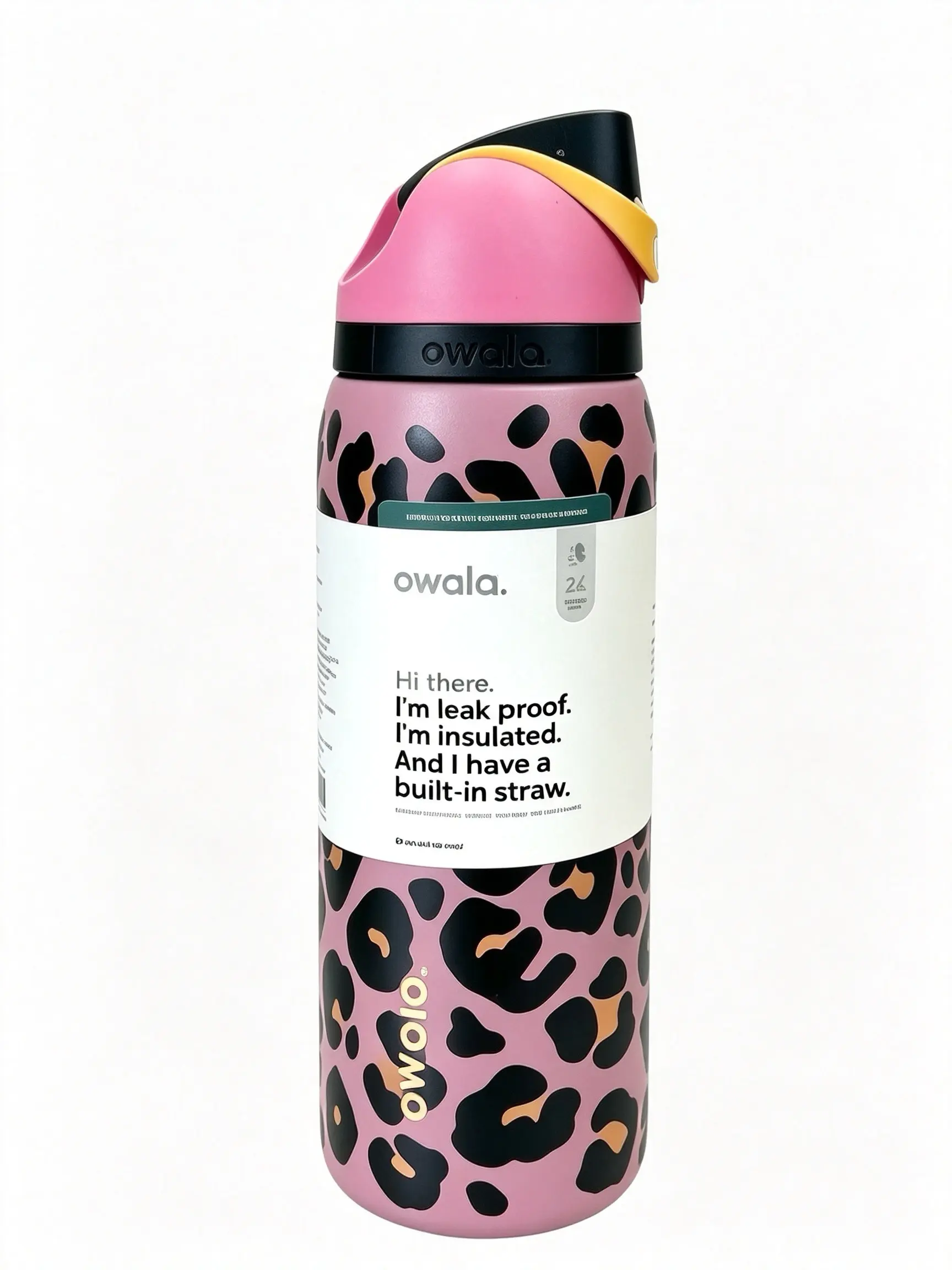 Owala 32oz Pink Leopard Print Stainless Steel Water Bottle with Flip-Up Straw Lid, Double Wall Vacuum Insulated Tumbler, Leak-Proof Spill-Proof Seal, Cup Holder Friendly Travel Mug for Women Girls School Gym Office and Outdoor Adventures