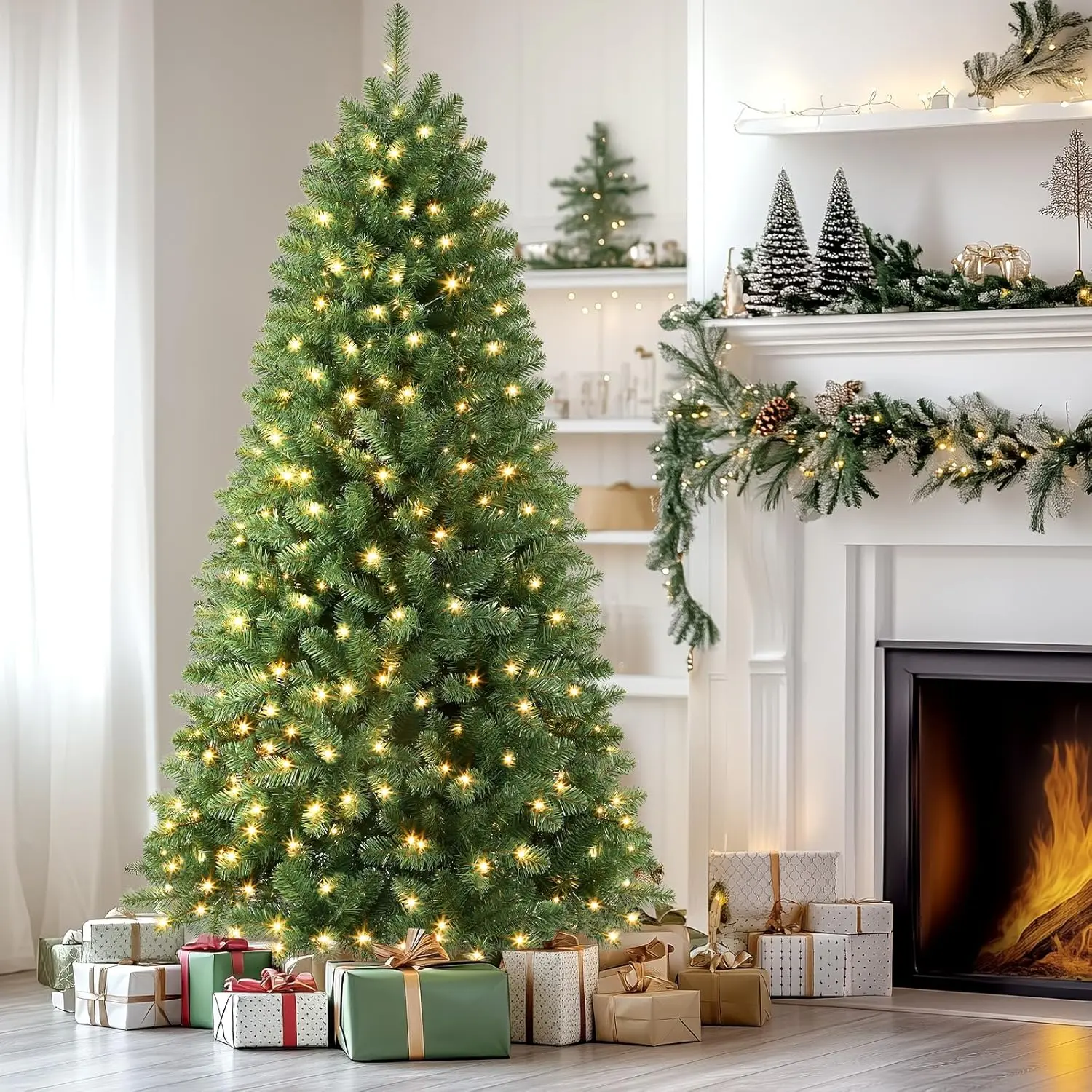 2025 4/5/6/7.5/9FT Pre-Lit Hinged Artificial Christmas Tree with Remote Control & Warm White Twinkling Christmas Lights, Foldable Stand – Perfect for Holiday Decor