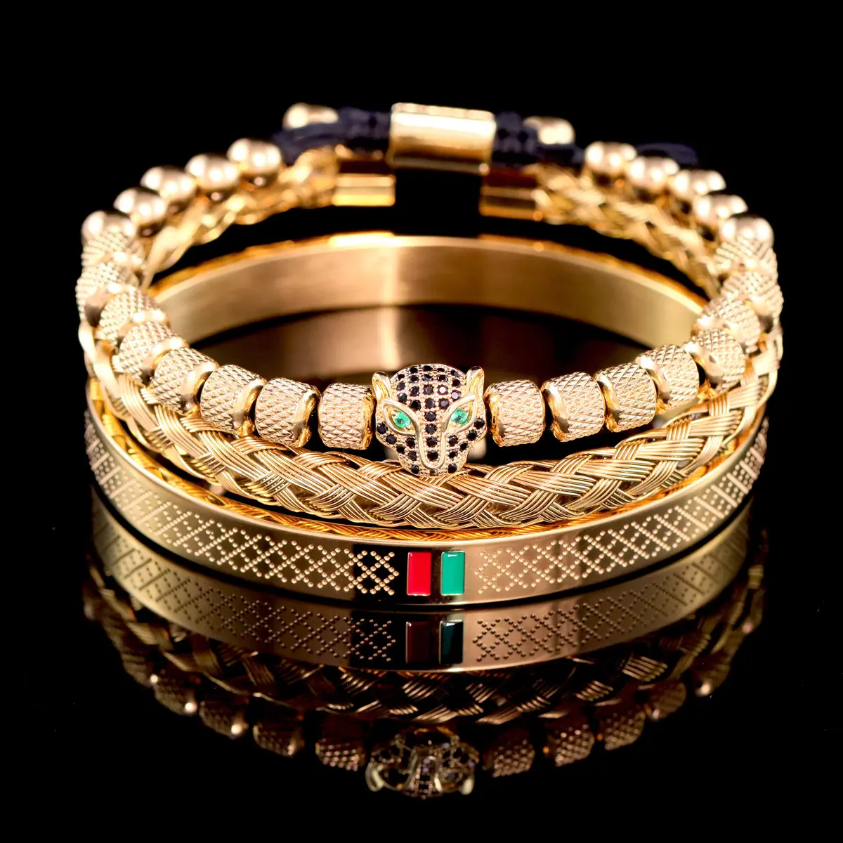 3-Piece Stainless Steel Bracelet Set - Roman Number Leopard Head Crown, Braided Fried Dough Twists Bangle, Unique Styles, Bold Accents, Round Shape, Casual Daily Wear, Unisex