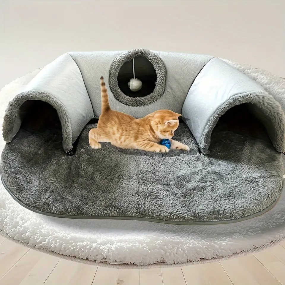 Three-In-One Comfort Cat Tunnel Bed Mat with Non-Slip Base, Play Pad & Warm Nest for Small to Medium Cats, Kittens, Rabbits & Hamsters