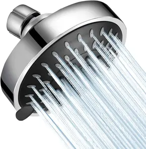 High Pressure Shower Head 5 Settings Fixed Showerhead 4 Inch High Flow Showerhead with Adjustable Brass Ball Joint for Luxury Shower Experience