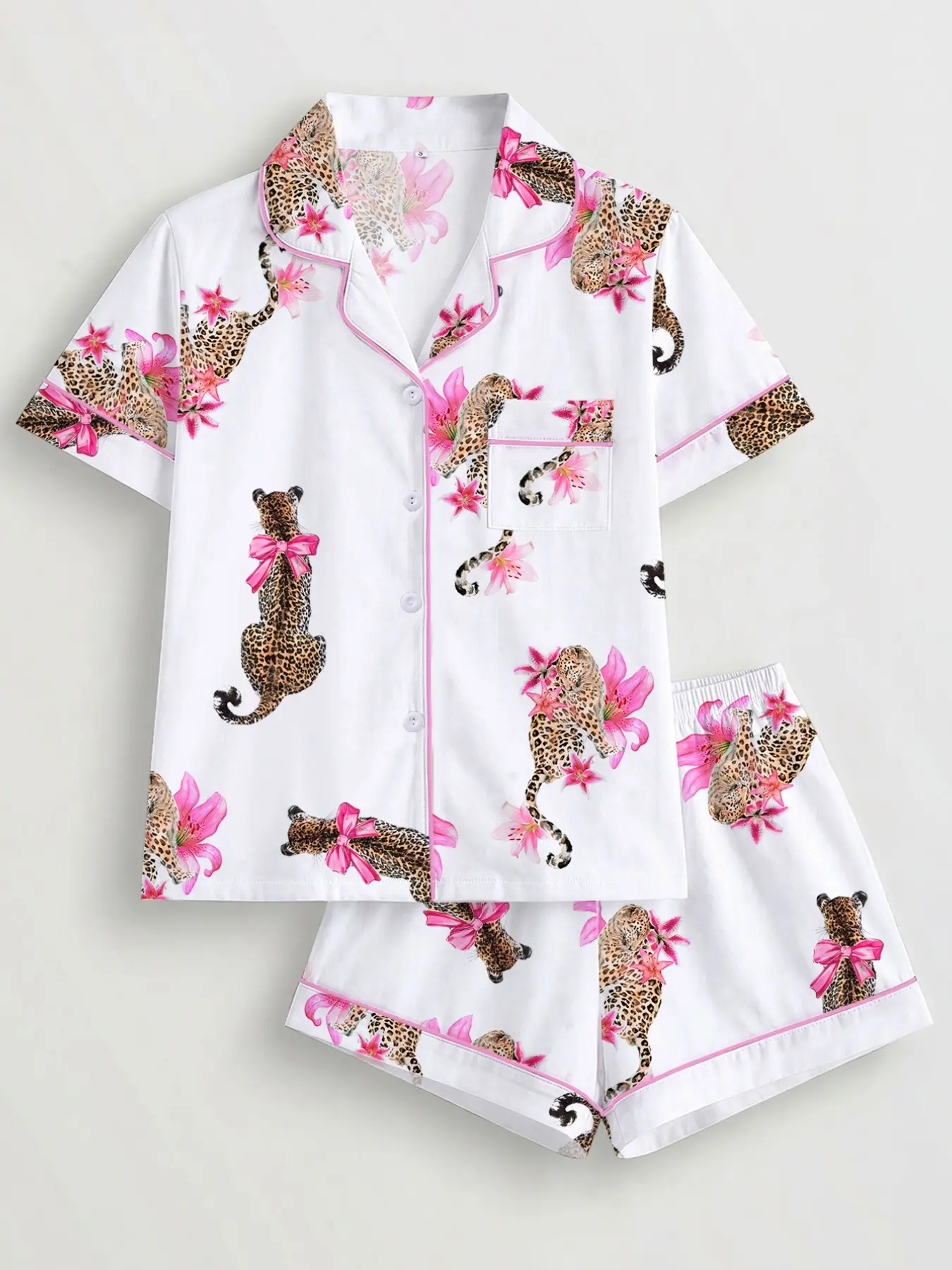 Women's 2-Piece Pajama Set, Leopard, Bow and Floral Print, Comfortable Short-Sleeve Top and Elastic Shorts, Casual Home Wear, Summer Loungewear, Nightwear, Fitted Sleepwear