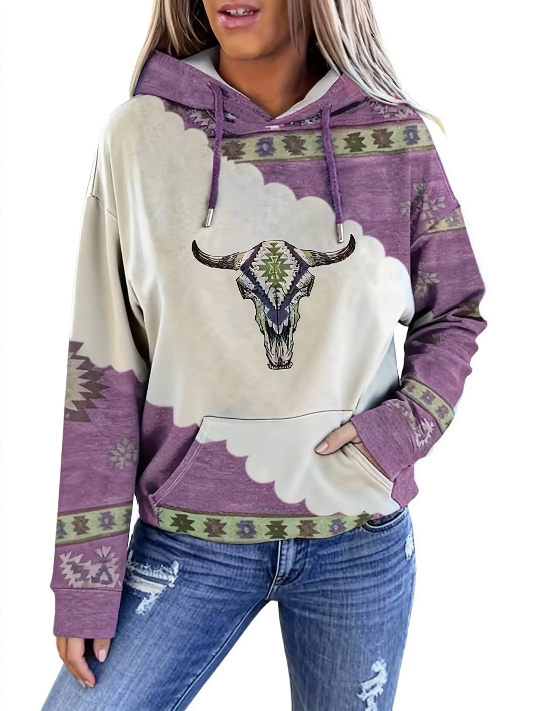 Oversized Western Hoodie for Women, Aztec Print Knit Pullover with Bull Skull Graphic, Long Sleeve Drawstring Top for Outdoors & Street Style, Knitting, Hooded Neck, Retro, Vintage, Jeans, Leggings, Vibe, Adjustable, Casual, Longsleeves, Sweatshirts