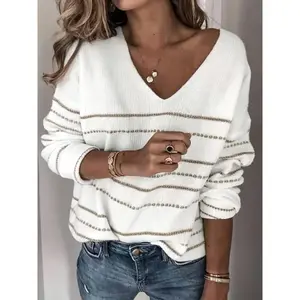 【Quick delivey】 Striped Pattern V Neck Pullover Sweater - Casual Long Sleeve Sweater For Fall & Winter - Women's Clothing - Soft & Cozy Fabric - Perfect Gift for Women Knitwear Womenswear Tops Knitting Vneck White