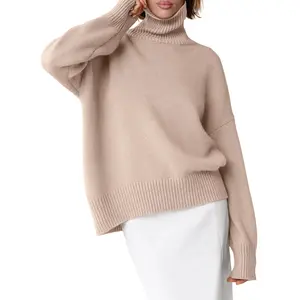 ANRABESS Womens Turtleneck Sweaters Long Sleeve Oversized Chunky Knit High Low Hem Pullover Sweater Top 2025 Fall Outfits