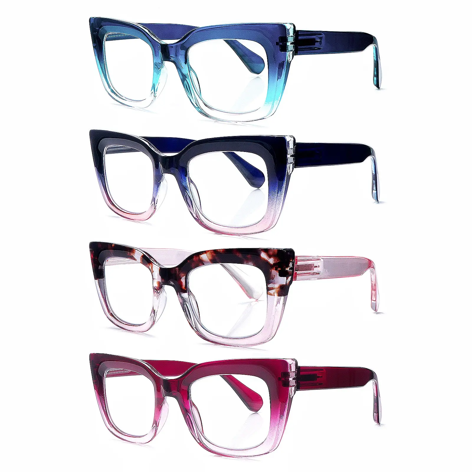4-Pack of Women's Blue Light Blocking Reading Glasses Stylish gradient-tinted oversized lightweight frames Featuring spring hinge design and premium blue light blocking lenses Ideal for daily commutes, computer work, and holiday gifts Durable
